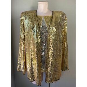 Judith Ann Creations Sequin Top and Jacket Set Gold Silver Silk Vintage Medium